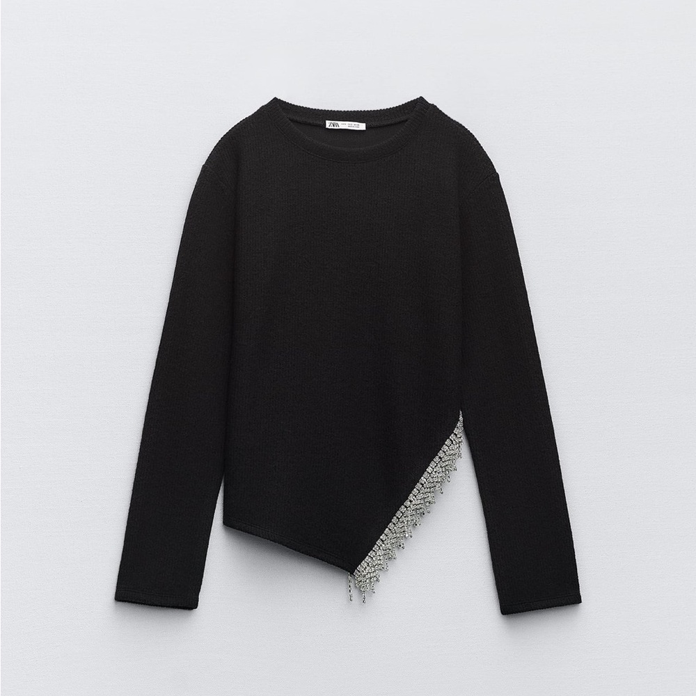 NWT Zara black soft shimmer sweater. Asymmetric rhinestone detail